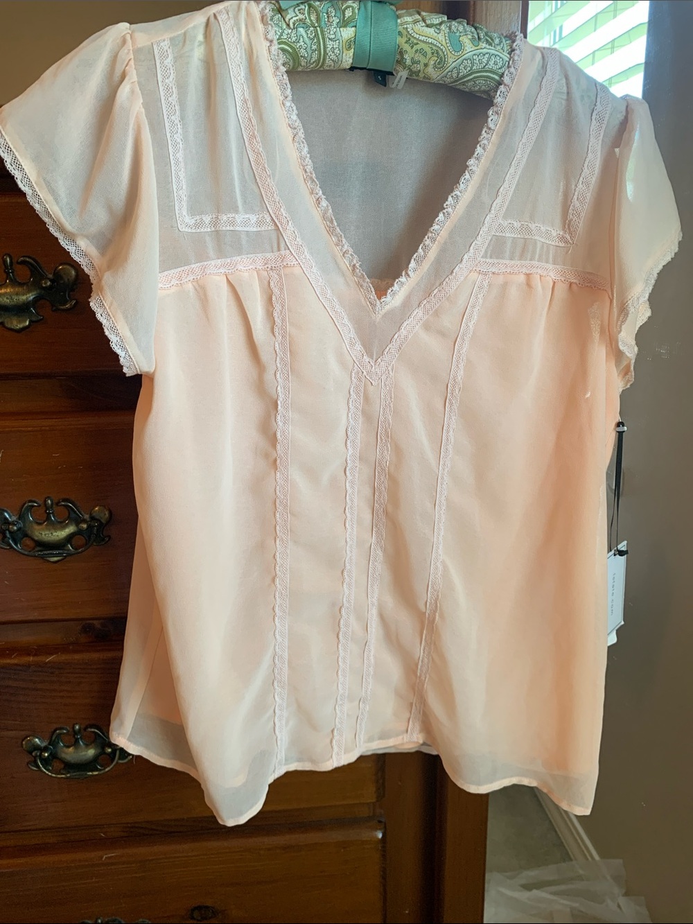 1. STATE Pale Peach Lace-Trim V-Neck Blouse
